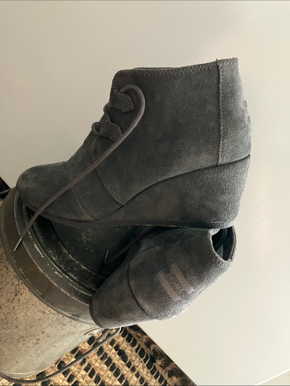 Toms Gray Suede Lace-Up Wedge Booties